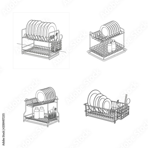 Outline Vector Icons Set of a Kitchen Dish Drying Rack. Scalable Outline Art for Home Organization. 