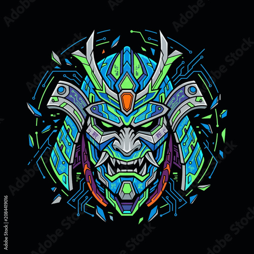 Cuadro en lienzo Futuristic cybernetic warrior mask with circuit board elements