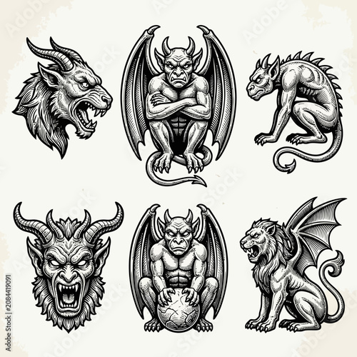 Fényképezés Vintage hand-drawn sketches of gothic gargoyles and demons