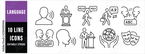 Foto Set of 10 editable stroke line icons representing language, translation, and communication for education and multilingual apps