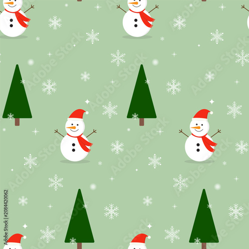 Christmas seamless pattern with Snowman, Christmas tree and snowflakes isolated on light green background.Xmas repeat pattern.Vector graphic illustration wallpaper.