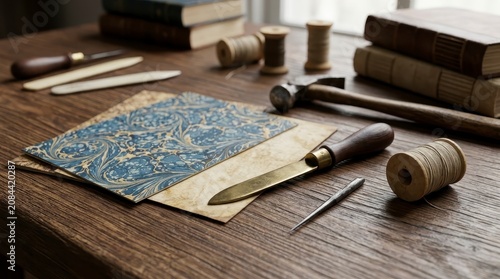 Traditional bookbinding tools and marbled paper on wooden table