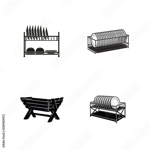 Silhouette Vector Icons Set of a Kitchen Dish Drying Rack. Scalable Silhouette Art for Home Organization. 