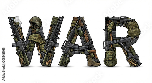 War word text concept made of military weapons and equipment