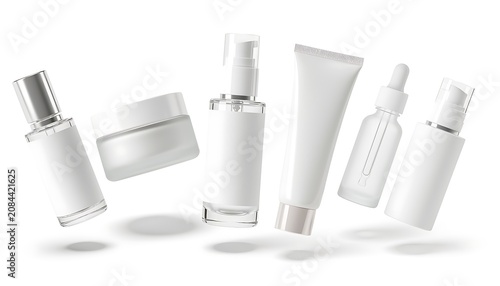Various cosmetic products float in air on white background with shadows underneath.