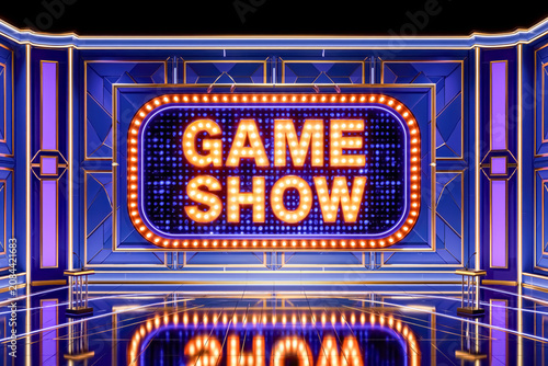 Game show marquee sign glowing in blue neon studio