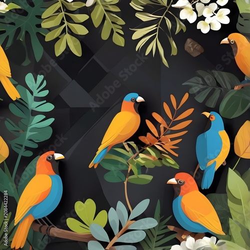Colorful tropical birds perched on branches with exotic jungle foliage on black background