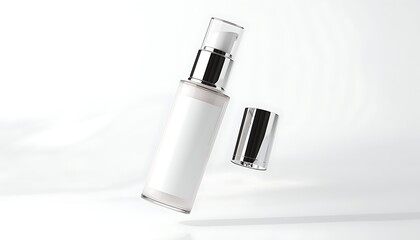 A close-up photo shows a white cosmetic bottle with silver cap lying on a smooth surface.