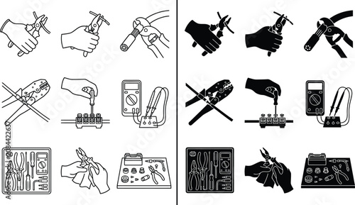 Bild auf Leinwand Electrical Tool Silhouettes Demonstrating Wiring And Testing Techniques Silhouet