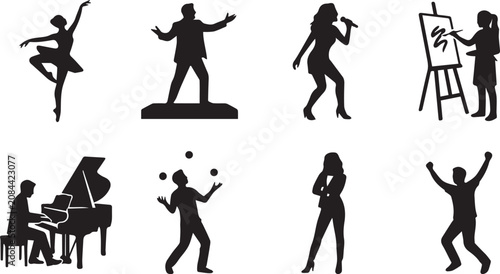 Set of creative performing arts and artist silhouettes depicting various talented people on white background