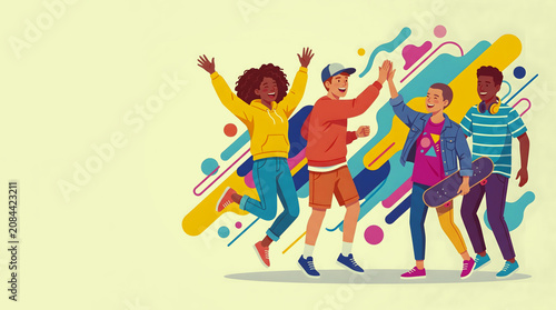 Diverse group of happy young friends jumping, giving high five, and laughing together, cheerful teenagers celebrating success, flat vector illustration