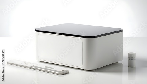 A sleek white rectangular device with a black top sits on a table next to a remote control and a small cylindrical object.