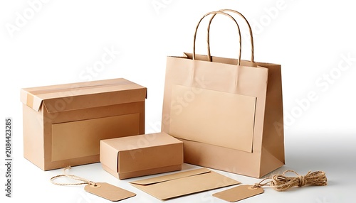 Brown paper bags and boxes are arranged neatly on a white surface with handles and twine visible.