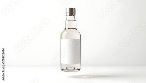 A clear glass bottle with a silver cap stands alone on a white surface in a clean environment.