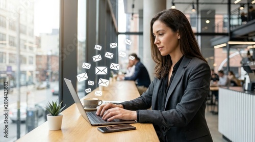 Businesswoman sending emails on laptop in cafe