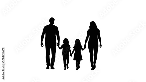 Black Silhouette of a Loving Family Walking Together Hand in Hand with Two Children, Symbolizing Support and Unity on an Isolated White Background