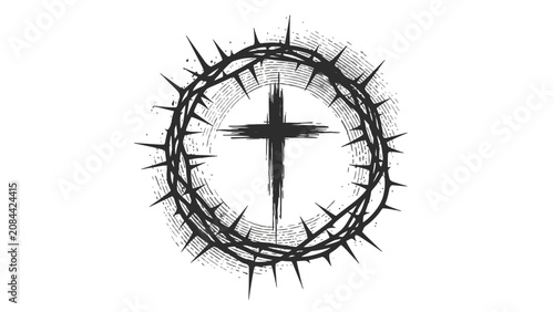 Textured Black and White Crown of Thorns with a Cross Symbolizing Christian Sacrifice on an Isolated White Background