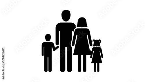 Black Silhouette of a Loving Family with Two Children Standing United, Symbolizing Togetherness on an Isolated White Background