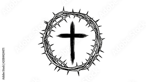 Artistic Grunge Style Crown of Thorns with a Black Cross in the Center, Symbolizing Sacrifice on an Isolated White Background