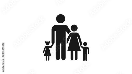 Black Silhouette of a Loving Family with Two Children Standing Together, Representing Unity on an Isolated White Background