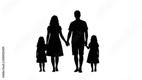 Black silhouette of a loving family (father, mother, and two children) walking together, symbolizing unity and connection on an isolated white background.