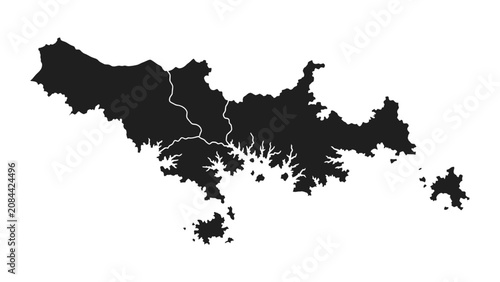 Abstract Black and White Map of an Island or Coastal Region with Borders and Coastline on an Isolated White Background