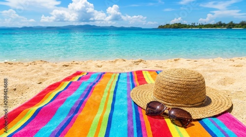 Straw hat and sunglasses on a colorful beach towel