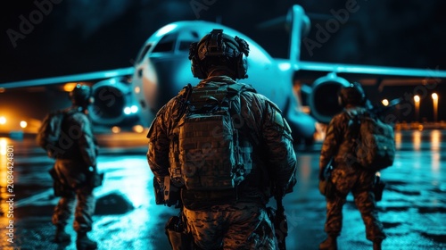Soldiers getting ready for nighttime missions beside a transport plane on a wet airstrip