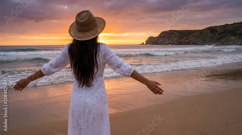 Woman in white dress and hat standing on beach at sunset