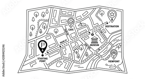 City map illustration with landmarks and directional arrows black and white