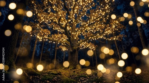 Oak tree decorated with glowing fairy lights in a dark forest