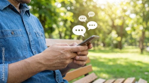 Man using smartphone with social media chat bubbles