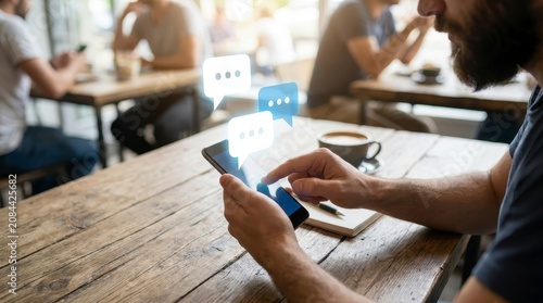 Man using smartphone with chat bubbles in cafe