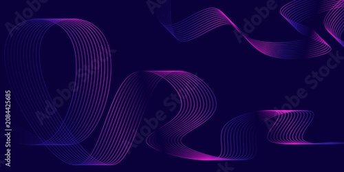 Abstract dark blue background featuring glowing purple and magenta wavy technology line wave patterns.