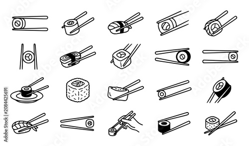 Bilde på lerret Sushi and Japanese Food Icons Set - Traditional Cuisine with Chopsticks Vector C