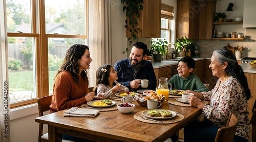 Multi generational family enjoying healthy breakfast together at home