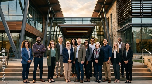 Diverse team of business professionals standing outside a modern office