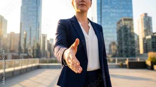 Businesswoman offering a handshake on city rooftop