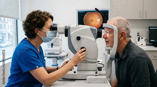 Ophthalmologist examining a senior patient with a retinal camera