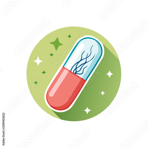Red and blue capsule with bacteria icon