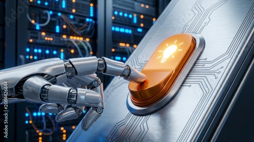 Robot hand pressing lightbulb power button in server room