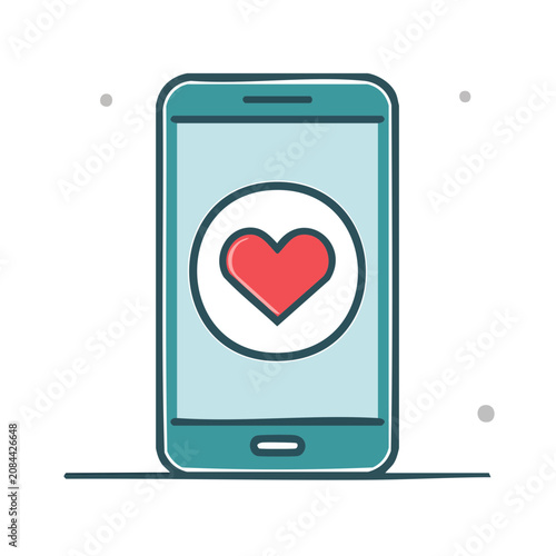 Smartphone with red heart icon, flat vector illustration