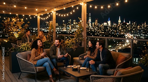 Friends socializing on a rooftop lounge with city skyline view at night