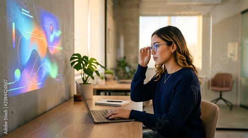 Business woman working with futuristic holographic interface at desk