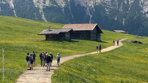 Cuadro en lienzo Hikers walk past traditional alpine cabins through flowering meadows at Alpe di Siusi, Italy