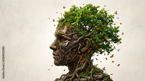 Human head composed of tree roots and foliage nature and mind concept