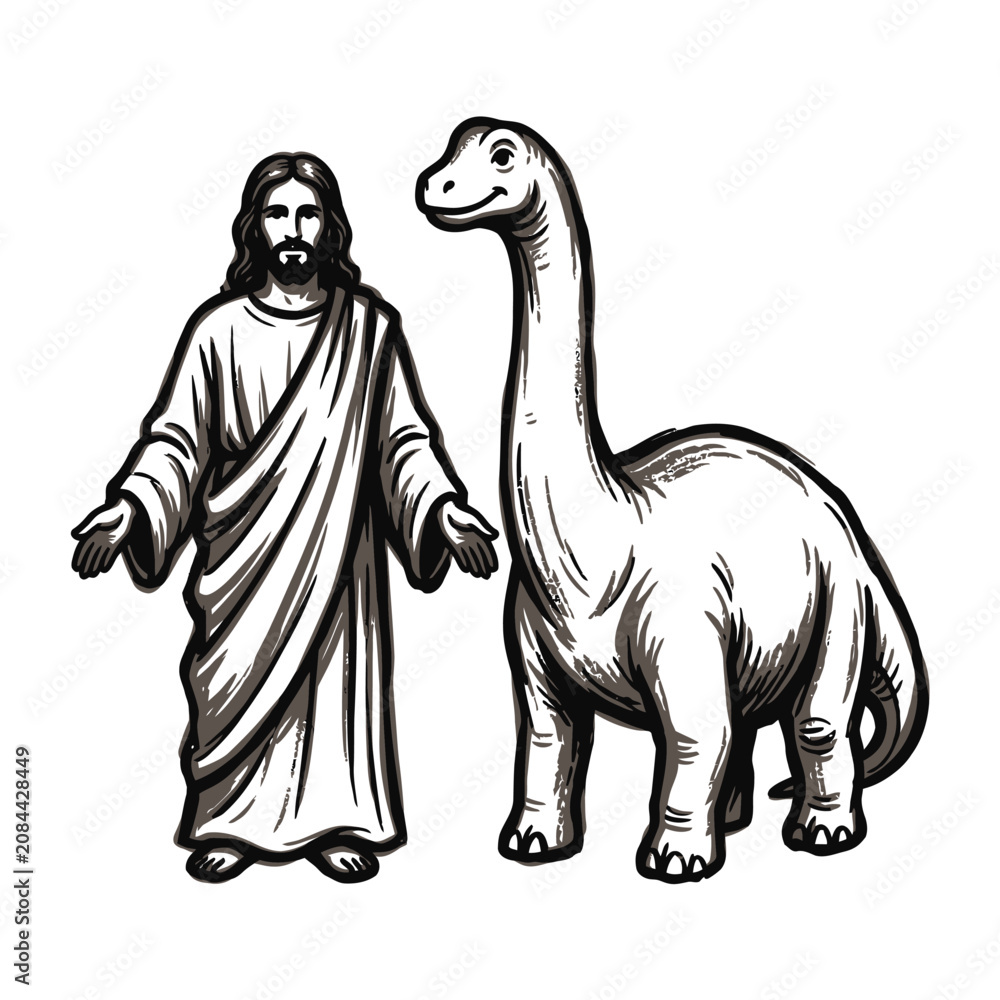 Εκτύπωση καμβά A stylized illustration of Jesus standing next to a dinosaur