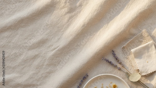 Natural woven linen fabric surface features soft folds alongside dried lavender stems plus raw textile scraps and a ceramic plate with scattered floral petals for a peaceful and rustic home mood