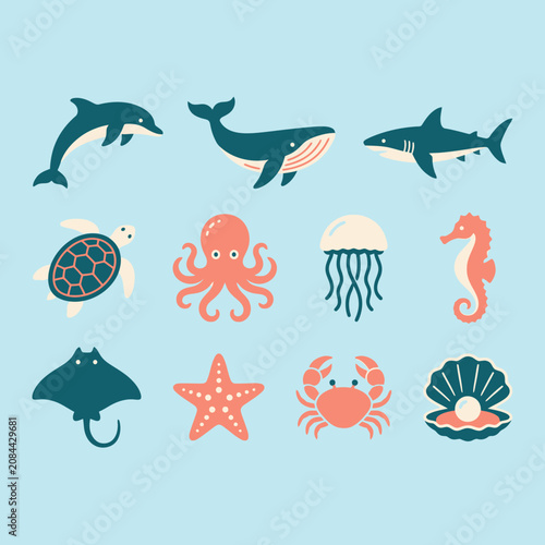 Photography A collection of cute hand drawn sea creatures on blue