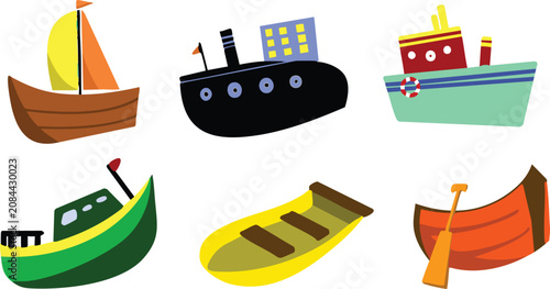 Cute Cartoon Boats and Ships Vector Illustration Transport Set